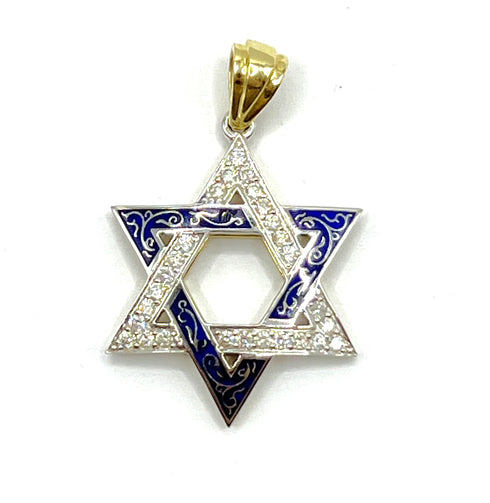 14K Gold & Diamond With Blue Enamel Star of David Necklace